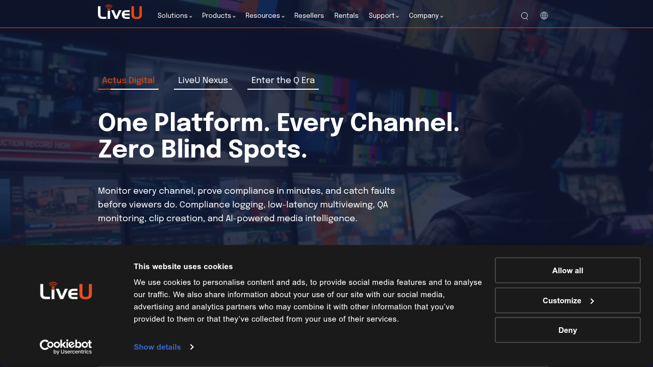Screenshot of the LiveU website, highlighting solutions for broadcast trends and live content delivery.