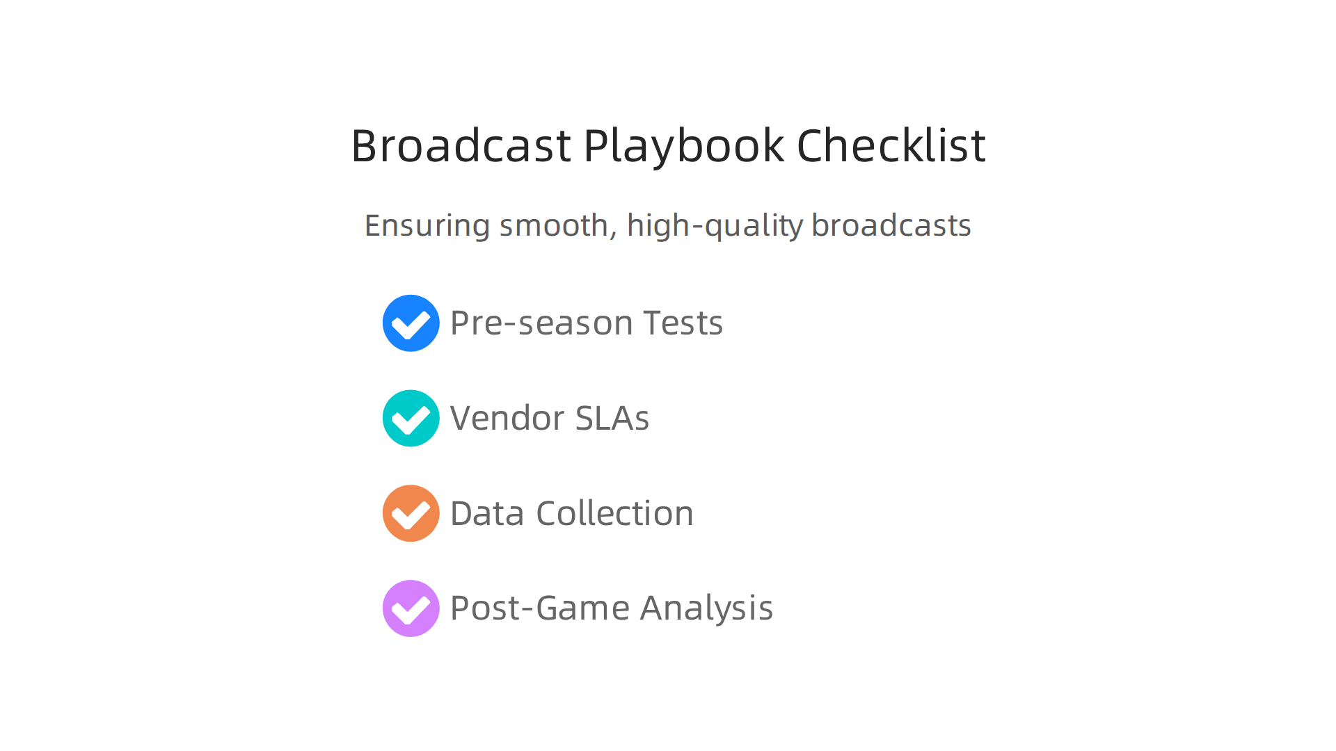 A checklist for ensuring smooth and high-quality broadcast operations, covering pre-season tests, vendor agreements, data, and analysis.