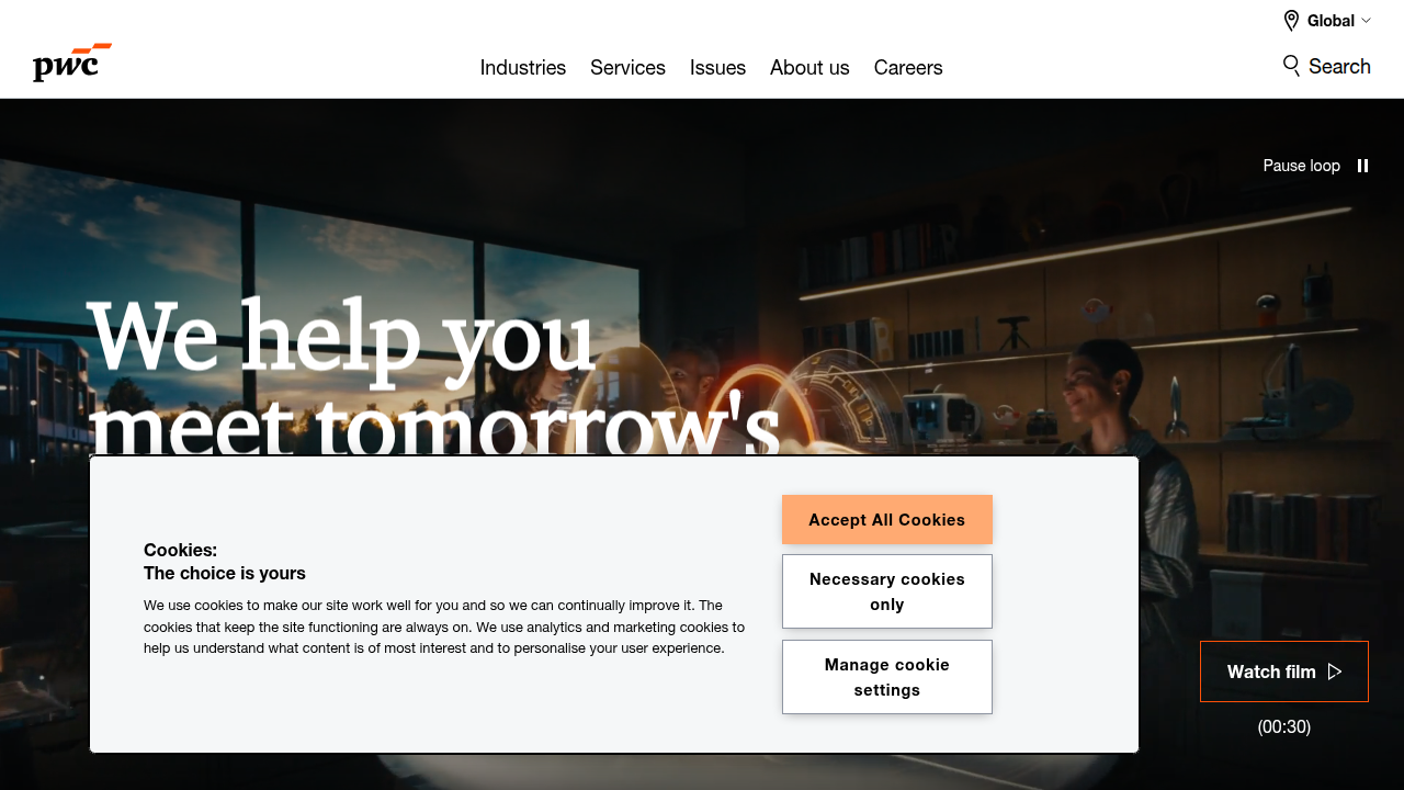 A screenshot of the PwC website, a key resource for sports industry trends and insights.