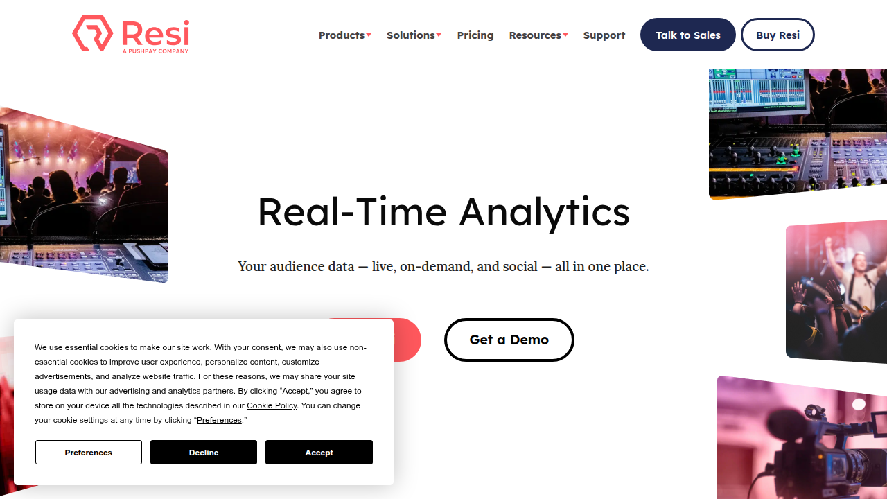 Screenshot of RESI's website, showcasing features for live streaming analytics and real-time audience insights.