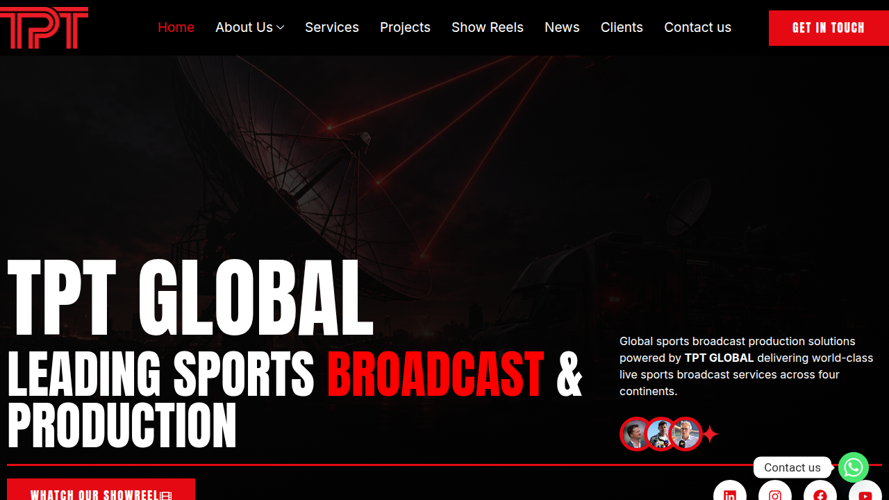 A screenshot of the TPT Global homepage, highlighting their services for enterprise broadcasters and sports organizations.